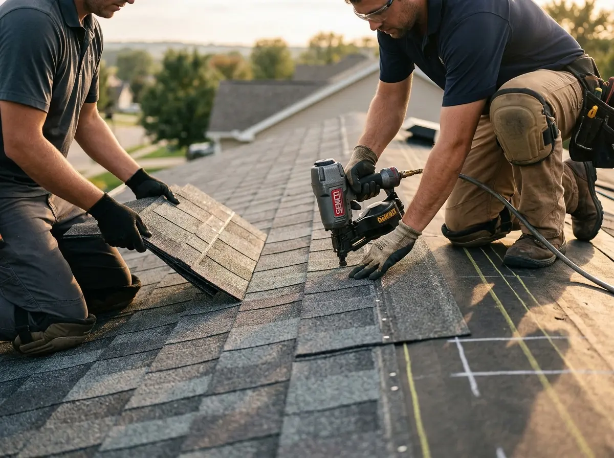 Professional roofer working on a residential roof in Menominee